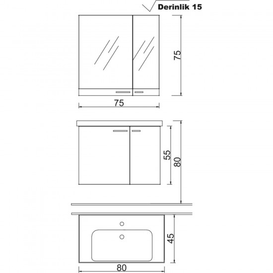 Denko Terra 80 cm Mdf Banyo Dolabı Takımı (Antrasit Gri)